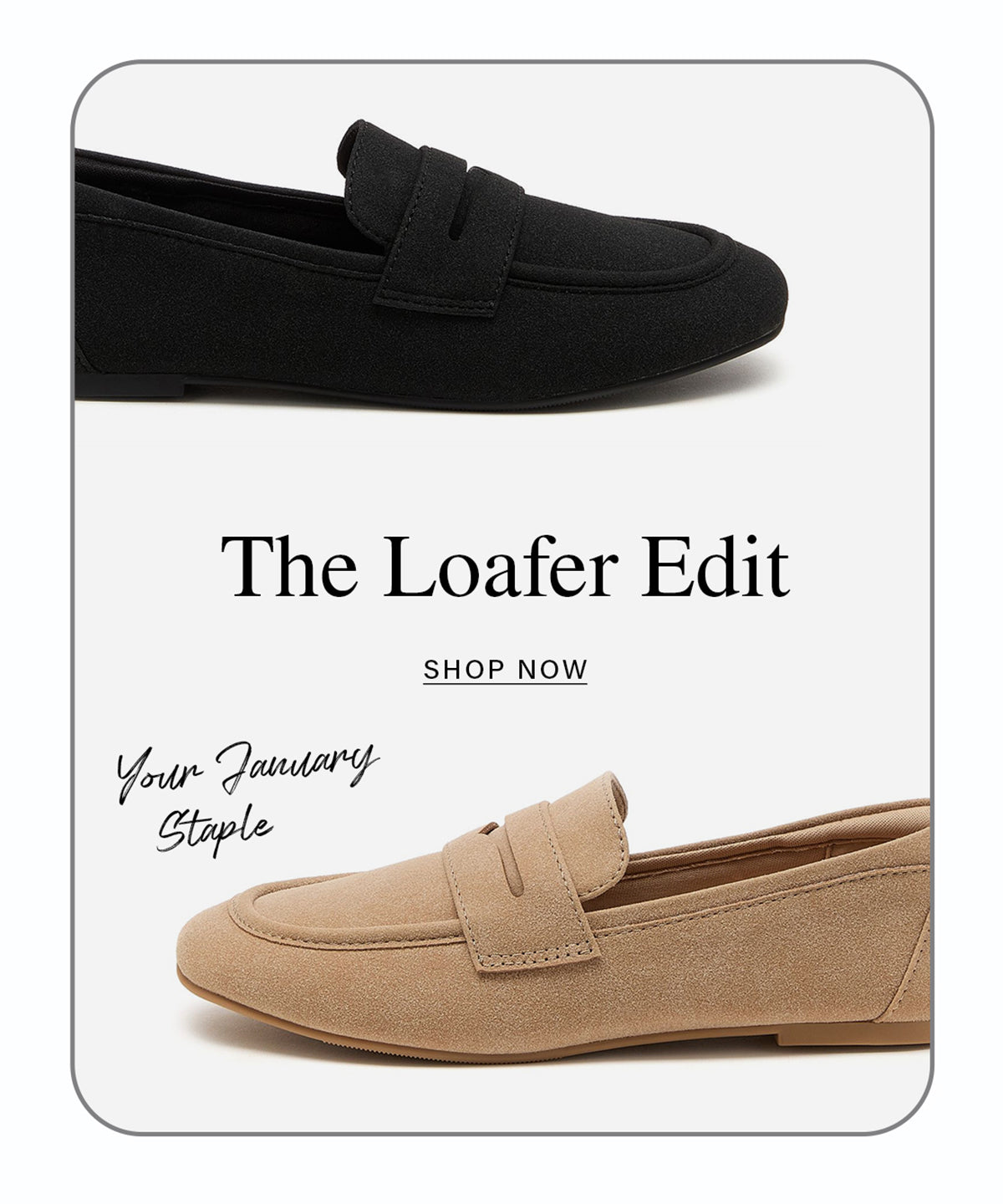 Black and beige loafers with 'The Loafer Edit' text on a white background