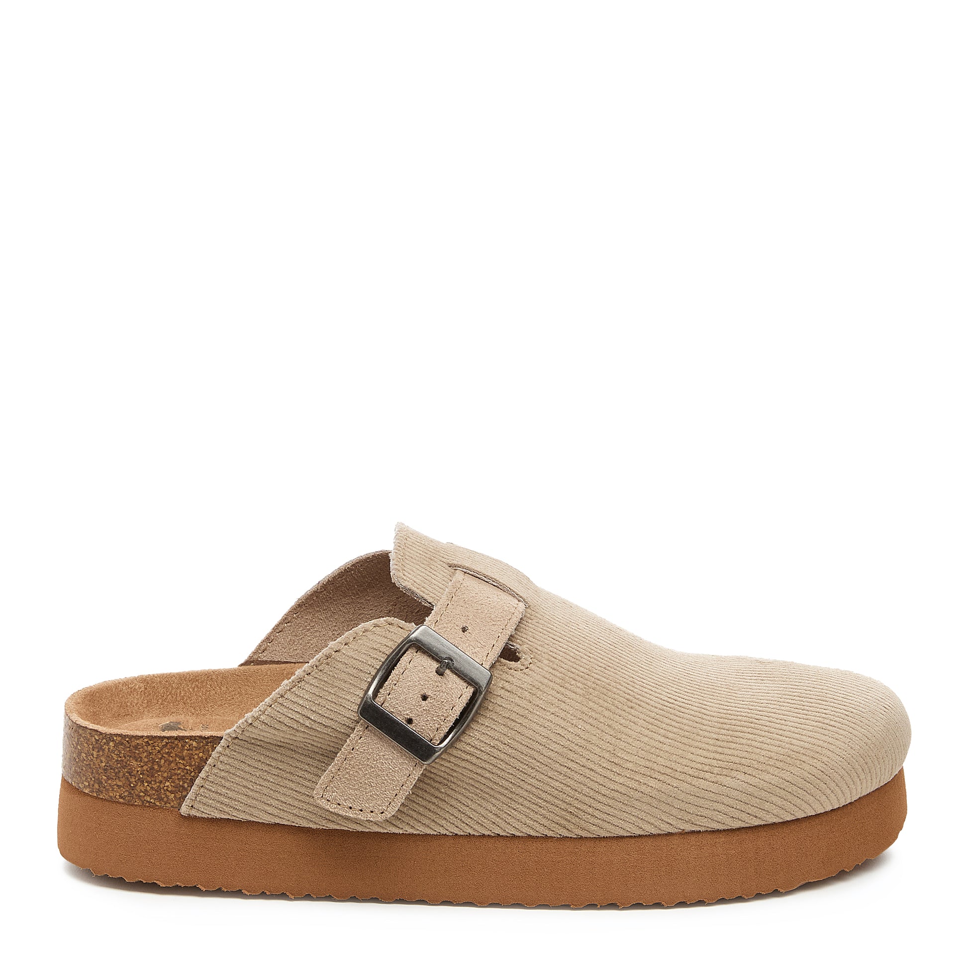 Beige clog shoe with a brown sole on a white background
