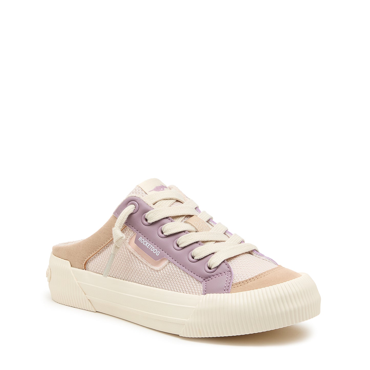 Pink and beige sneaker with white laces on a white background