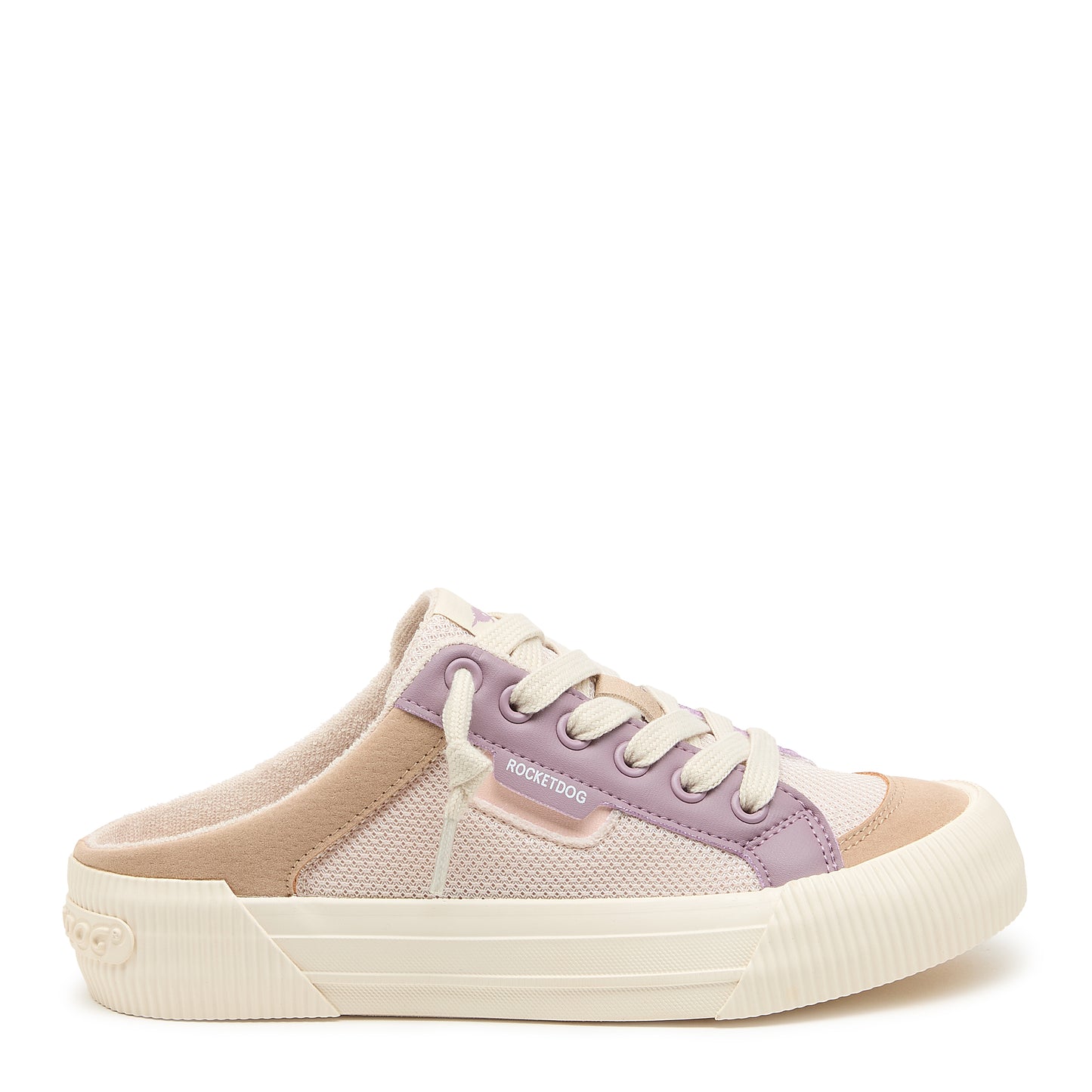 Beige and purple sneaker with 'Rocket Dog' branding on a white background