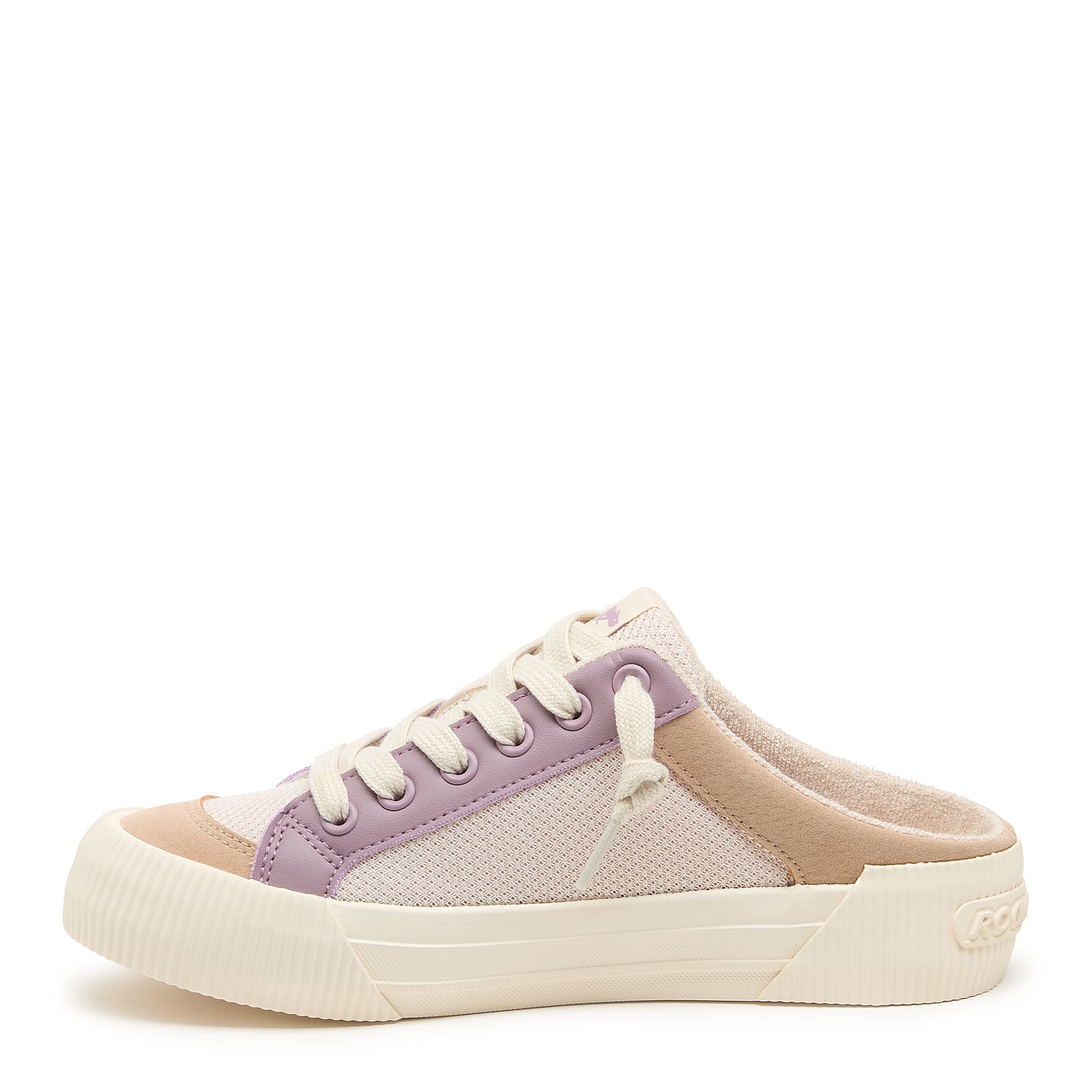 Sneaker with purple and beige design on a white background