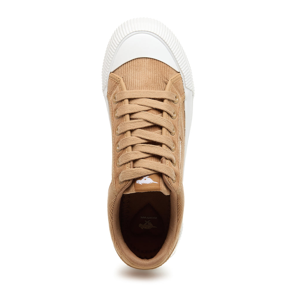 Tan women's corduroy sneaker with Rocket Dog comfort, playful style