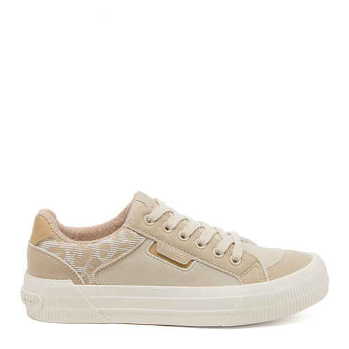 Side view of the Rocket Dog Cheery Leopard Combo sneaker, neutral color block with leopard heel panel