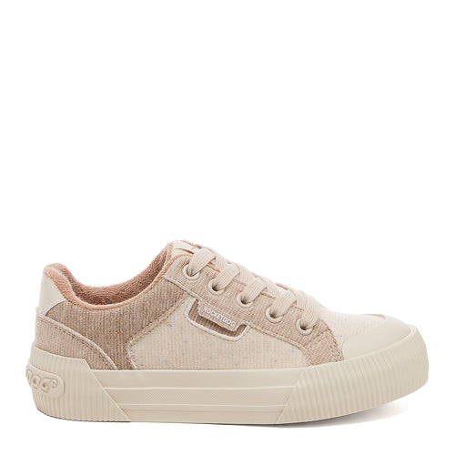 Side view of the Rocket Dog Cheery Taupe Jersey sneaker in cream with a taupe heel panel