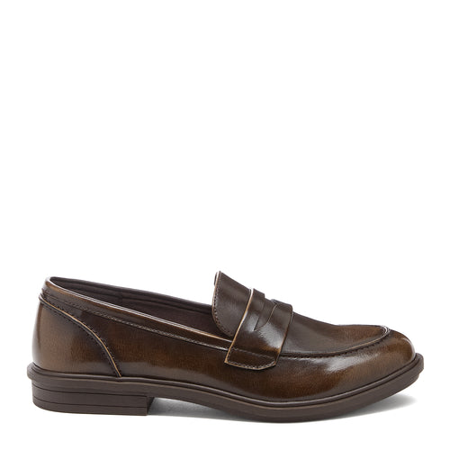Side view of the Rocket Dog Gabby Brown penny loafer in antique faux leather