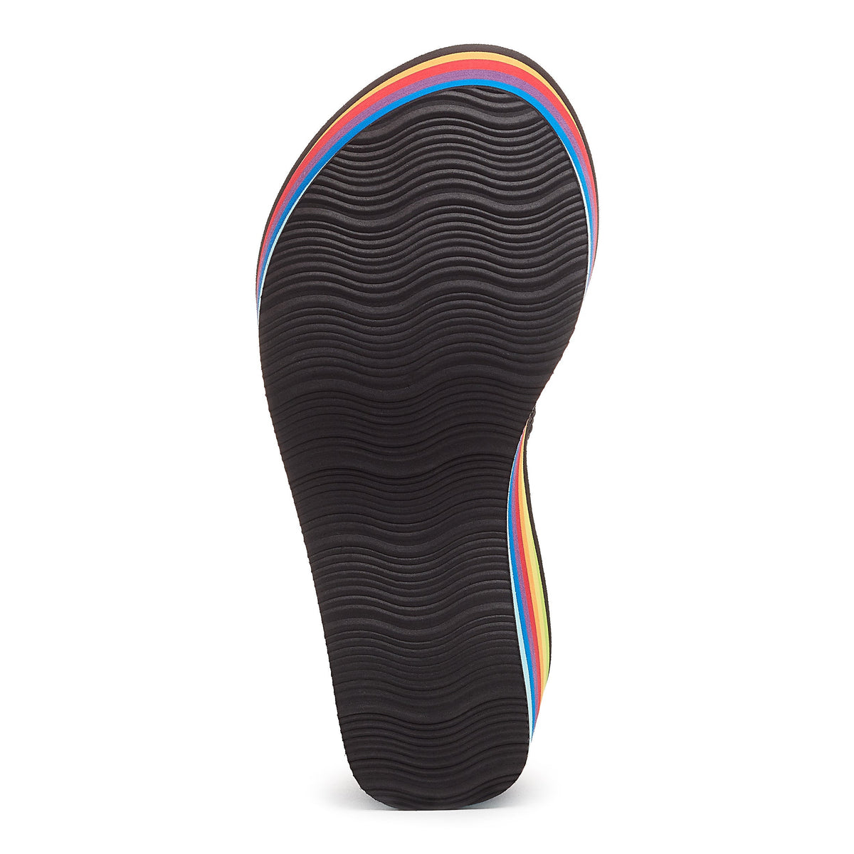 Rainbow striped platform outsole of the Rocket Dog Crush flip flop