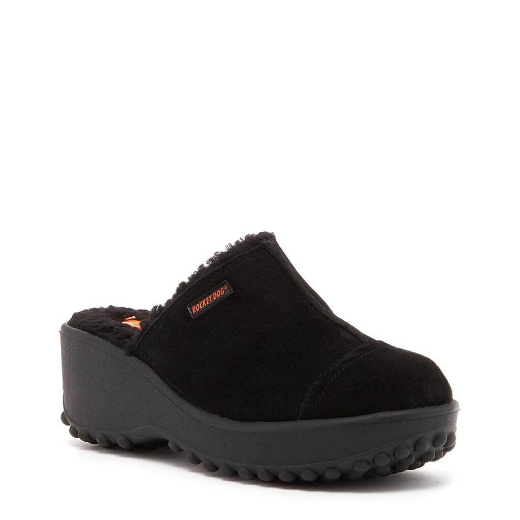 Women's black nubuck wedge clog with sherpa trim and lug sole, cozy slip-on – Rocket Dog Fran