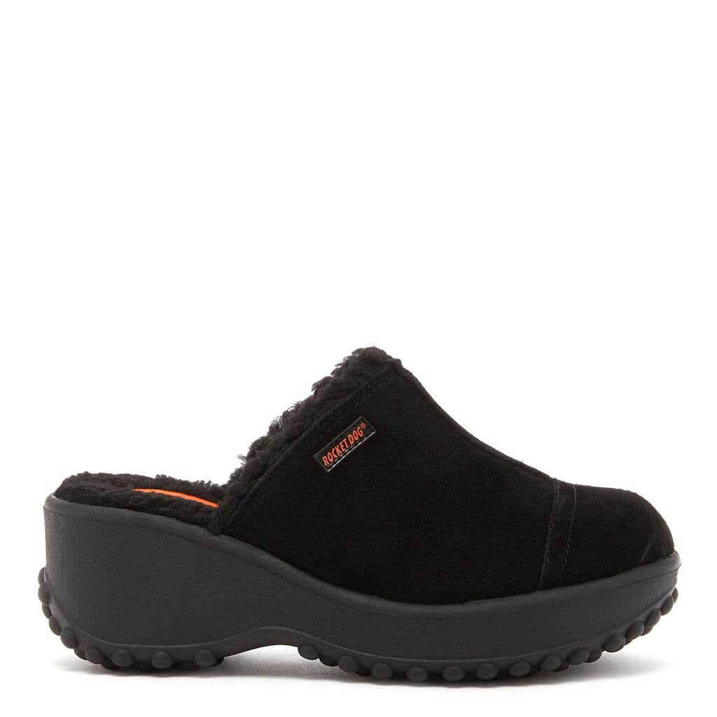 Rocket Dog Fran women's black nubuck platform clog with shearling lining, cozy everyday slip-on