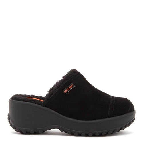 Rocket Dog Fran women's black nubuck platform clog with shearling lining, cozy everyday slip-on