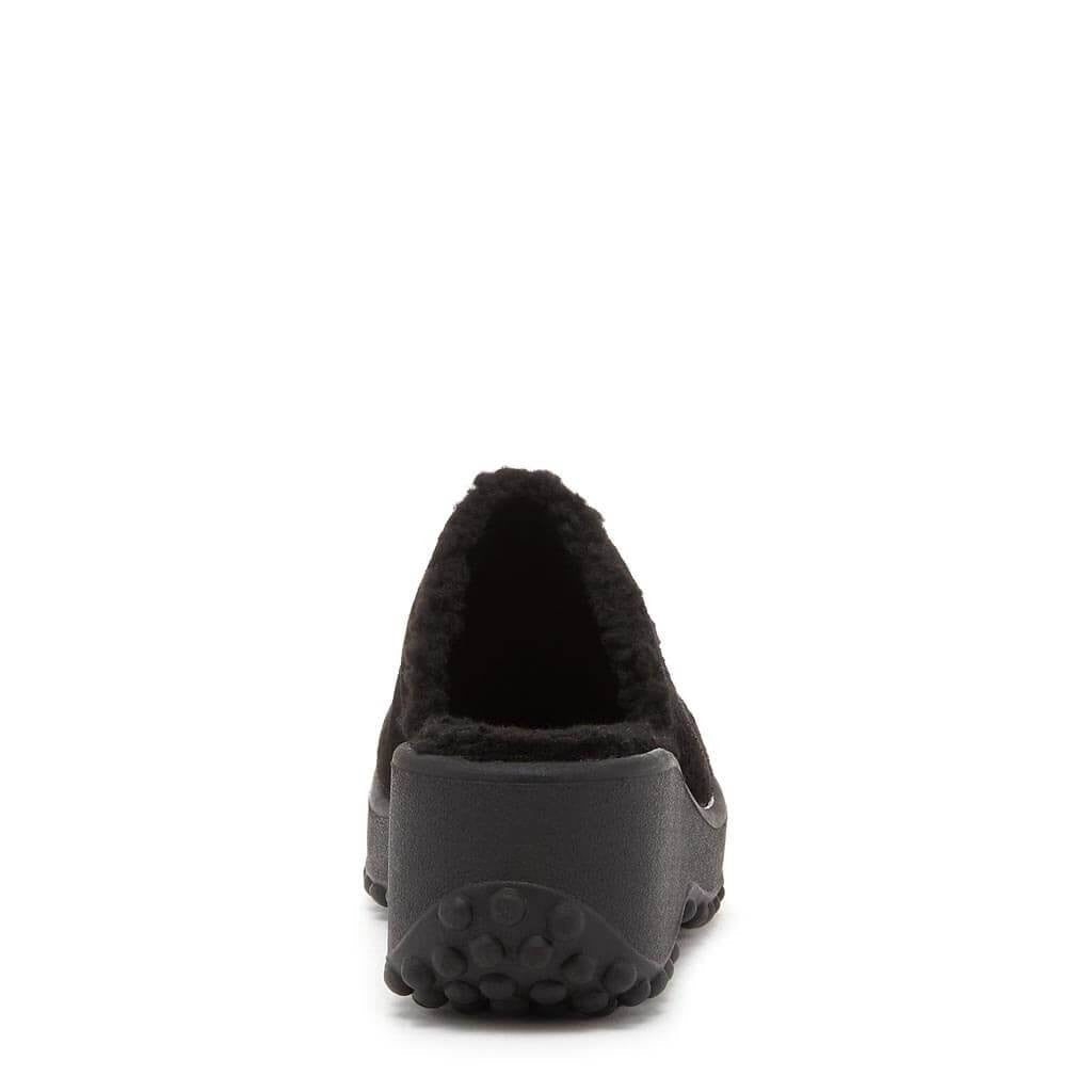 Cozy black slip-on clog with open heel and shearling collar, women's casual everyday shoe – Rocket Dog Fran