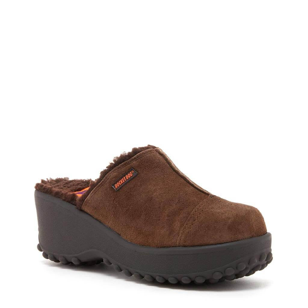 Brown nubuck clog with cushioned footbed, women's cozy style – Rocket Dog Fran