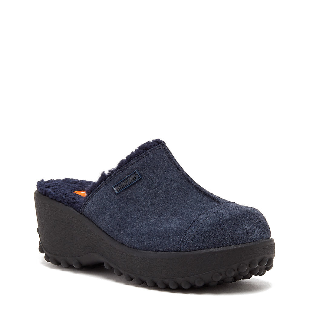Navy suede clog with cushioned footbed, women's cozy style – Rocket Dog Fran